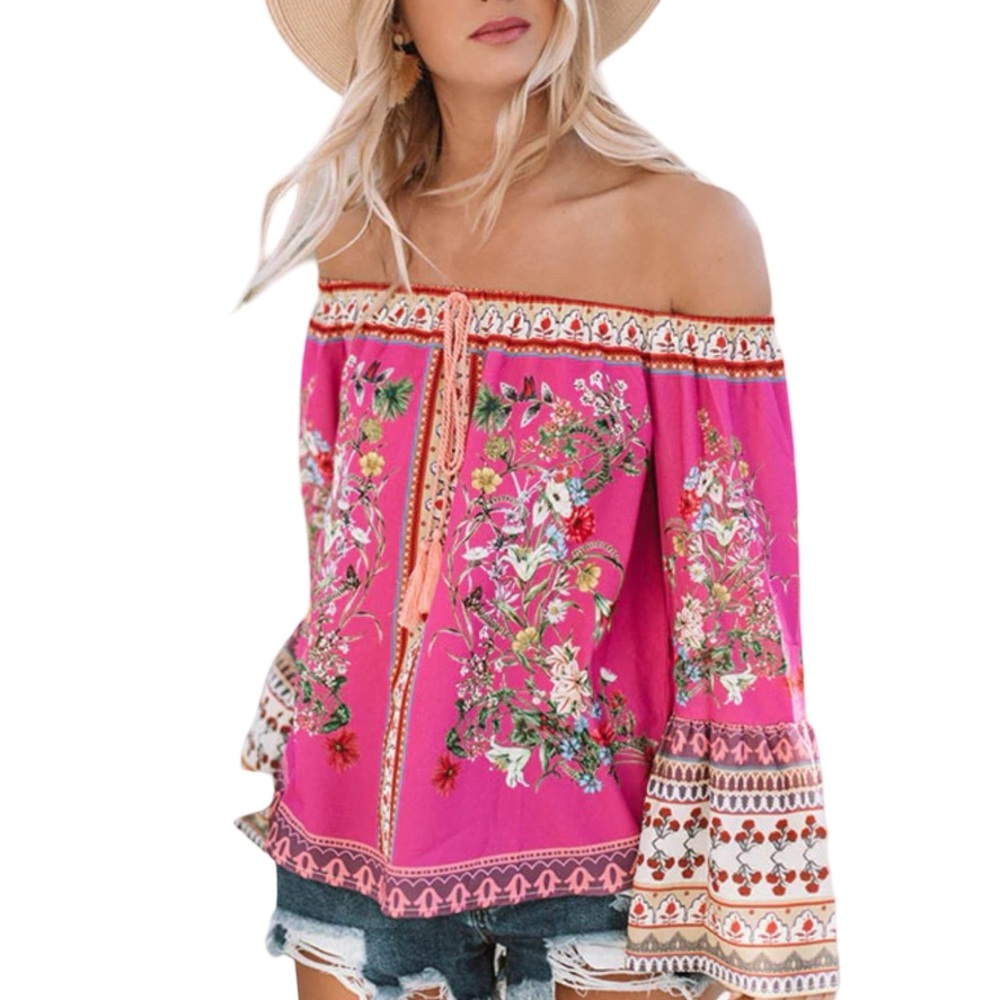 Umgee Fuchsia Floral Off-Shoulder Peasant Blouse